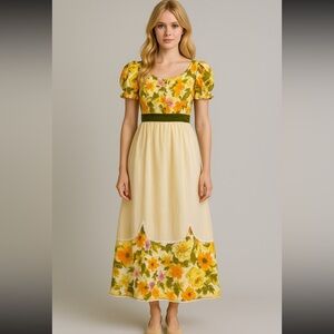 Vintage Floral Maxi Dress with Puff Sleeves XS/ small